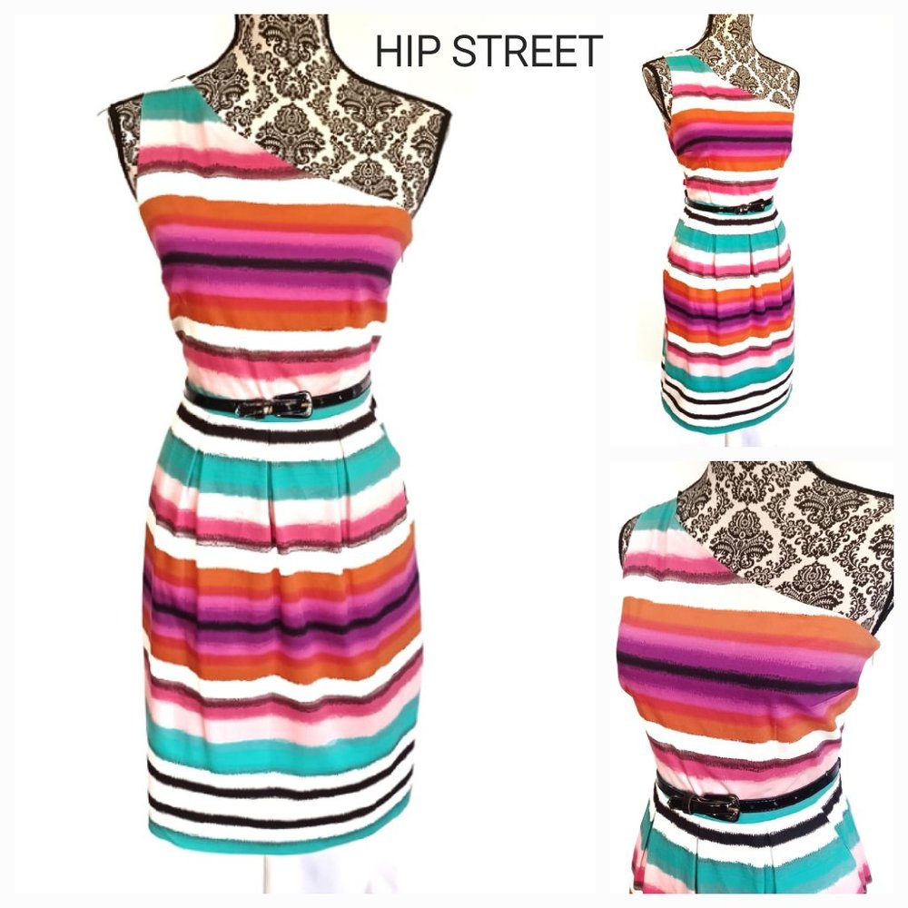 NEW YORK & COMPANY One Shoulder Cotton Stripe Box Pleat Skirt Dress 10